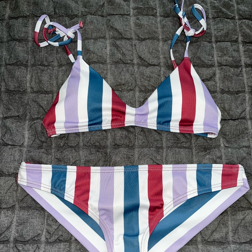 reel legends striped bathing suit top and bottoms